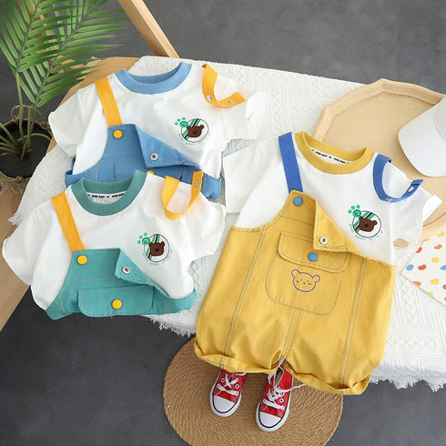Casual Suspenders Two-piece Baby Round Neck Short Sleeve Suit